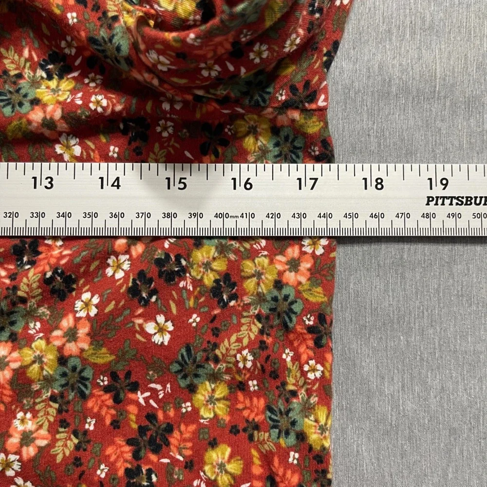 LOFT Women Top S Red Floral Puff Sleeve Ruched Cotton Knit 569071 SP21